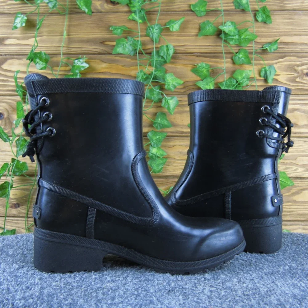 Sperry Women's Black Rubber Rain Ankle Boots Lace-Up Back‎ Detail Size 5